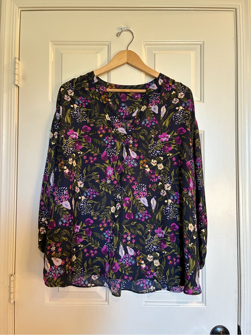 Floral V-Neck Long Sleeve Blouse - Navy Blue with Purple & Green Print
